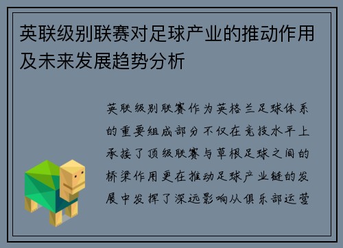 英联级别联赛对足球产业的推动作用及未来发展趋势分析
