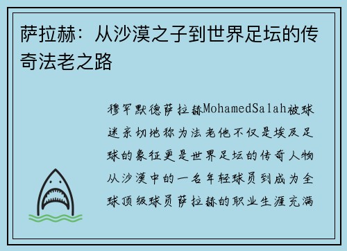 萨拉赫：从沙漠之子到世界足坛的传奇法老之路