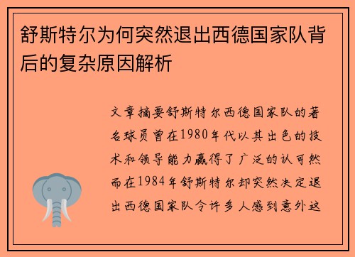 舒斯特尔为何突然退出西德国家队背后的复杂原因解析